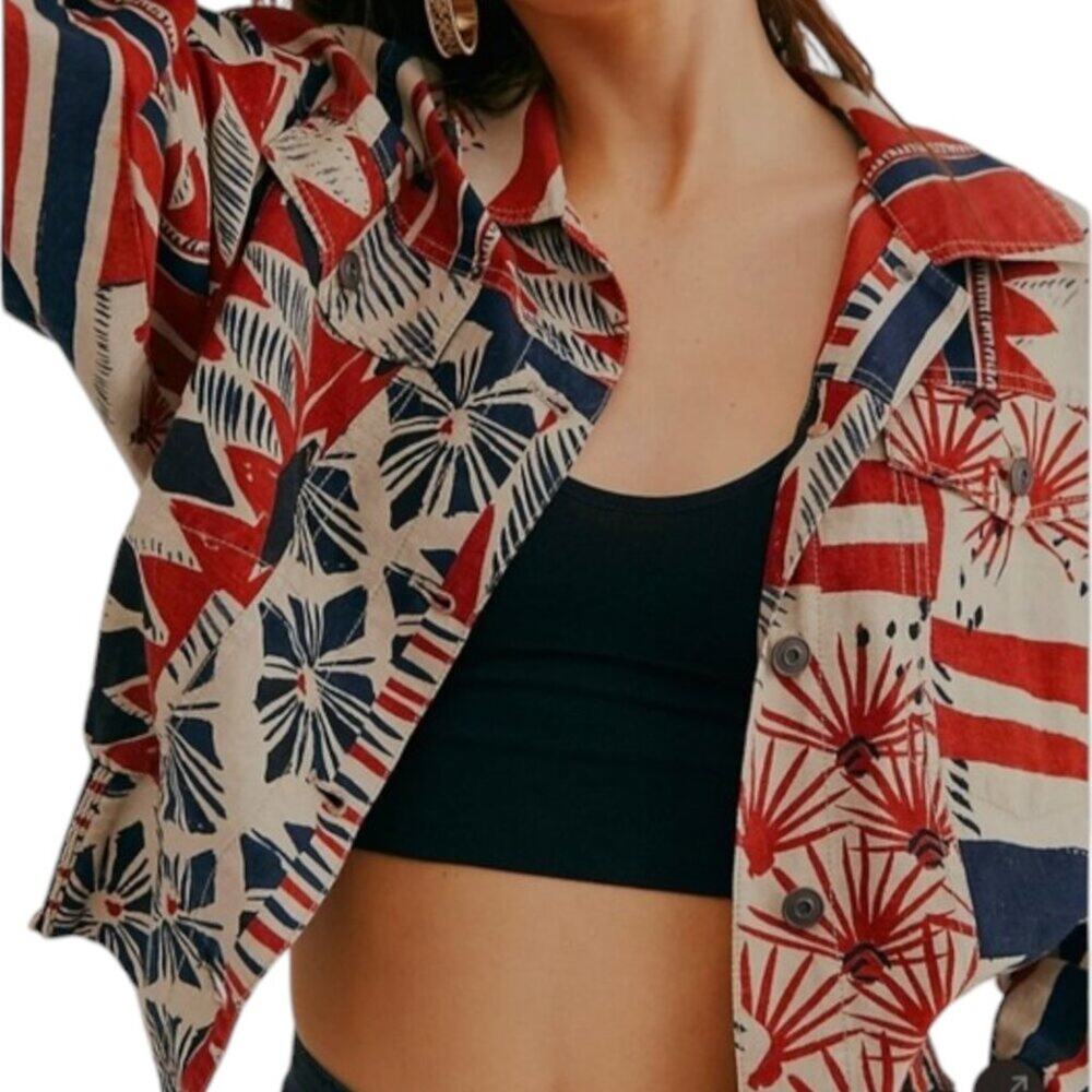 Free People Golden Nile Shirt Jacket SIZE L Aztec Multicolor Crop Shacket - Picture 15 of 15